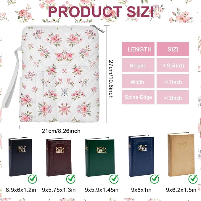 Pink Floral Quilted Bible Cover for Women, Bible Sleeve Cover with Zipper & Pen Pockets, Cute Bible Bag Book Sleeve, Washable Bible Case for Girls, Christian Gift 10x8 Inch