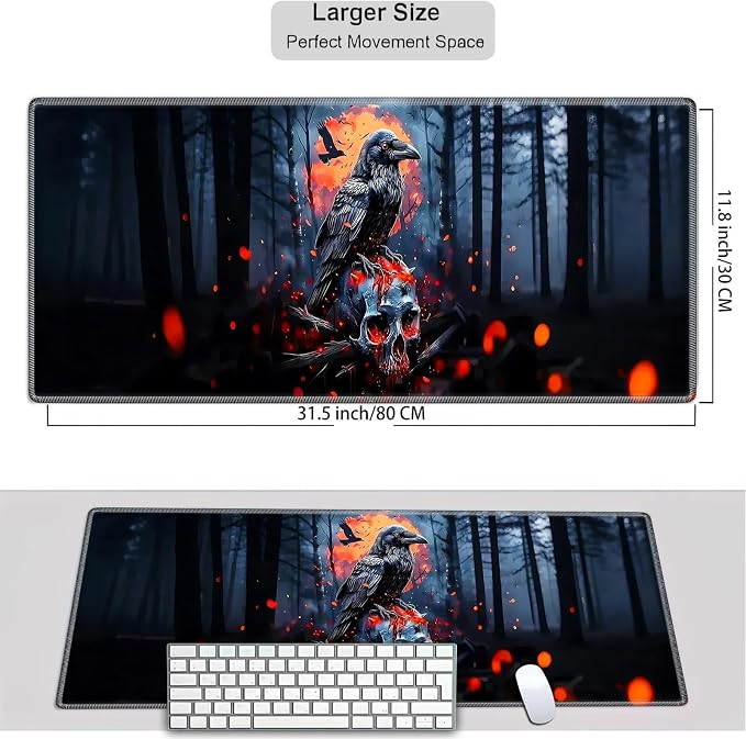 Mouse Pad Gaming Mousepad 31.5x11.8 Inch XXL Large + Coasters,Desk Mat with Stitched Edges, Non-Slip Rubber Base, Thick Mouse Pad for Computer, Laptop, Office & Home - Crow Skull