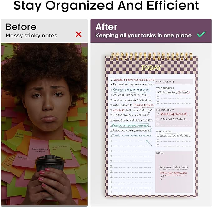 Taja To Do List Notepad - To Do List Notebook for Work with 52 Sheets, 9.8" x 6.5", Undated Daily Planner Perfect for Daily Tasks and Goal Setting, Notepad Suitable for Office, Home & School - Lilac Checkered