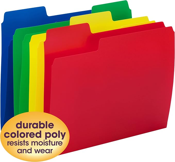 Smead Poly File Folders, SuperTab, 1/3-Cut Tabs, File Folders Letter Size, Assorted Primary Colors, Office Supplies, School Supplies, 12 Count (10516)