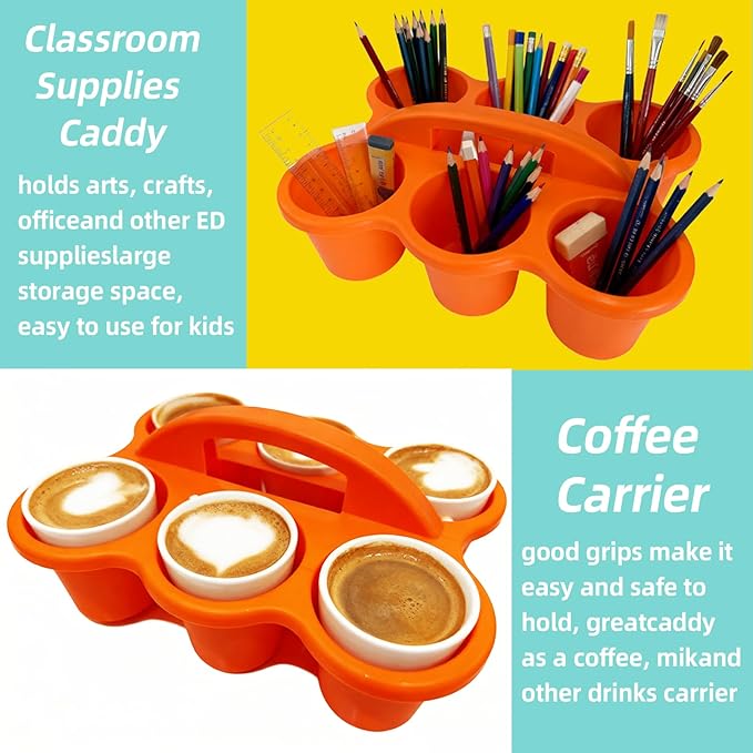 6 Pack Classroom Caddy Storage Basket, 6 Compartment 6 Cup Caddy - BPA-Free Plastic Stackable Drink Carrier for Kids, Office, Arts & Crafts Supplies (Assorted Colors)