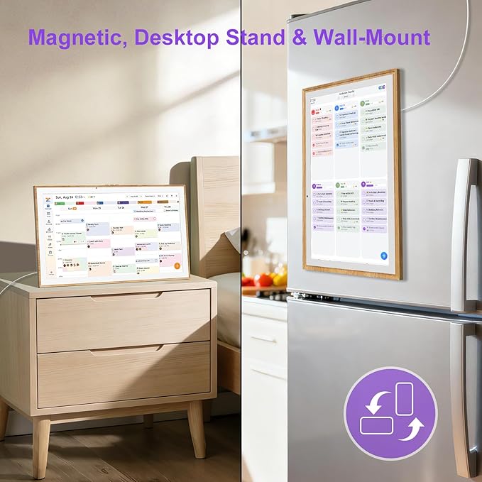 JSUSOU Magnetic Fridge Smart Digital Calendar 21.5" with FREE APP, Auto Sync Electronic Planner for Desk & Wall Touch Screen, Magnetic Refrigerator Mounted, Mothers Day Gifts for Mom, Teak Wood Grain