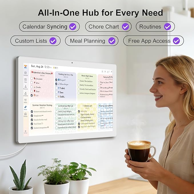 JSUSOU 27 Inch Smart Digital Calendar Touch Screen with Free APP - Family Organizer with Chore Chart, Meal Planner & Rewards System, Interactive Display, in Portrait/Landscape, White
