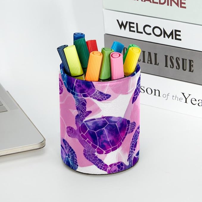 Round Pencil Holder for Desk, Sea Turtles Seamless Purple Pattern Large Pencil Pen Cup, Desk Accessories & Workspace Desk Organizer for Home, School, Office