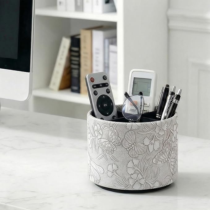 Round Leather Art Supply Organizer,Remote Control Holder,360-degree Rotating Pen Organizer with 4 Compartments(1-Butterfly Grey)