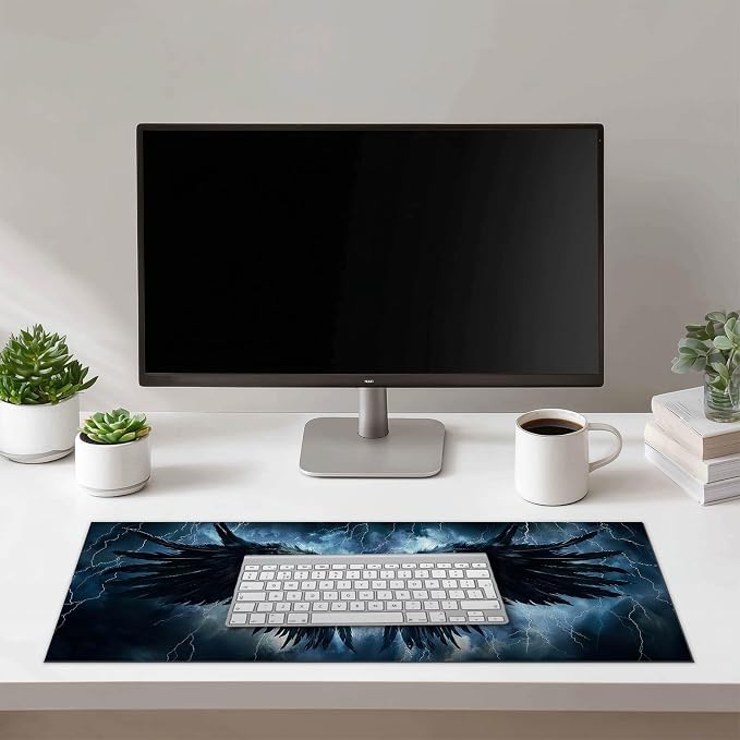 HOMETITUTE XL Mousepad 31.5 x 11.8 Inch Black Wing Thunder Large Gaming Desk Mat Extended Computer Pad Keyboard Mat Waterproof Non Slip Surface Mouse Pads for Desktop Office Accessories