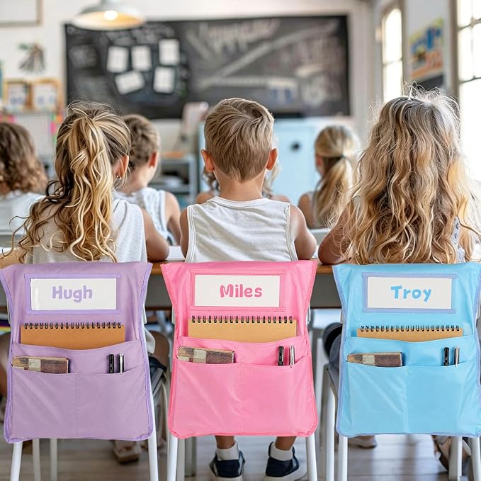 24pcs for Classroom 16.3x19.7inch Classroom Chair Pockets with Name Tag 3 Pockets Chair Organizer for Teacher Student School Office(Pastel)