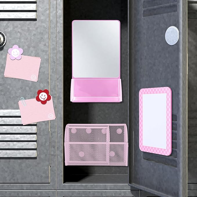 Fuyoooo Magnetic Locker Accessories Back to School Essentials Include Magnetic Mirror with Holder Magnet Mesh Pen Holder Small Whiteboard and Magnet for Office School Locker Organizer (Modern,Pink)