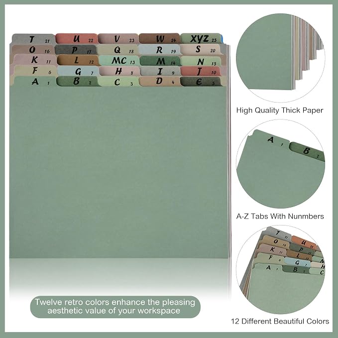 1 Set 25 Pack Alphabet File Dividers Letter Size, 1/5 Cut Tab A-z File Guides Number Folder Organizer for Filing Cabinet and Desk Home Office School(Morandi Color)
