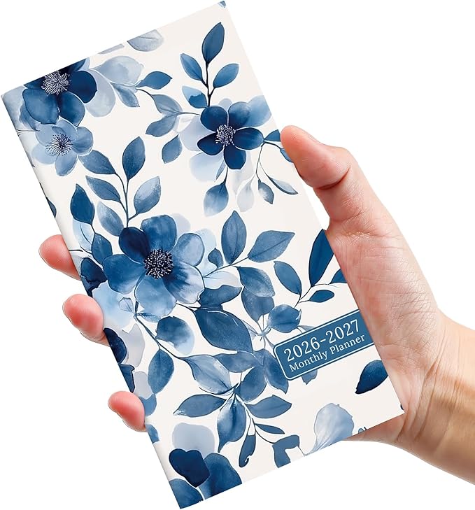 Pocket Calendar 2026-2027 for Purse, Two Year Monthly Planner Pocket Size 6.5" x 3.5", Jan 2026 - Dec 2027 Monthly Planner Small Calendar for School, Work and Home - Blue Blossom