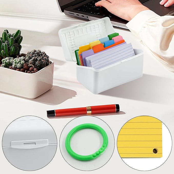 VANRA Index Card Holder 3x5 Flash Card Organizer Case 300 Colored Index Cards Bulk Blank Note Cards with Ring (White)