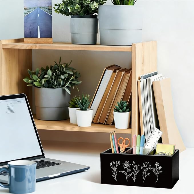 Black and White Floral Pen Pencil Holder for Desk, Minimalist Wildflower Botanical Wooden Box Sign Organizer for Home Office Bedroom Desk Accessories Tabletop Decorations