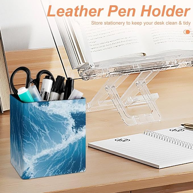 Pen Holder Square Leather Pencil, Holder Cup Makeup Brush Storage Organizer, Waterproof Multifunctional Office Supplies Blue Ocean Sea Wave