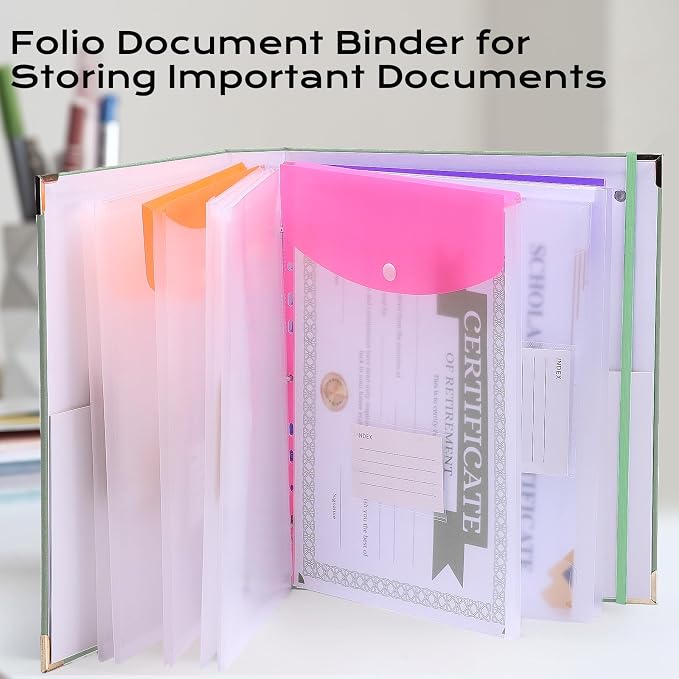 XKDOUS Important Document Organizer with 9 Pockets, Aesthetic Folio Folders 3-Ring Accordion Storage Binders Linen Expanding File Folder for Letter Size Papers, Documents, Files