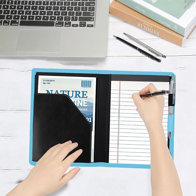 A5 Padfolio Business Portfolio Folder,Junior Size Document Folder Organizer, Padfolio with Interior Pocket and Pen Loop, 5 x 8 Writing Pad Included,Light Blue.
