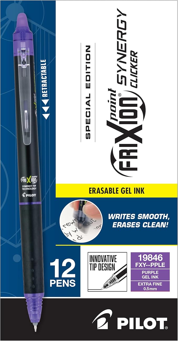 Pilot, FriXion Synergy Clicker Erasable, Refillable, Retractable Gel Ink Pens, Extra Fine Point 0.5 mm, Pack of 12, Purple Ink