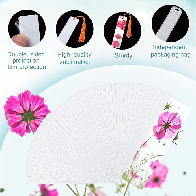 50 Sets Sublimation Blank Bookmarks, DIY Blank Aluminum Metal Bookmarks with Clear Bookmark Sleeves Tassels and Self-Sealing Bags for Crafts Birthday Reading Back to School Supplies
