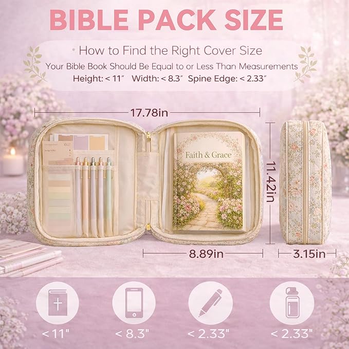 Bible Bag for Women, Bible Cover Case with Study Supplies,Large Quilted Bible Bag with Handle and Zipper, Suitable for Christian Books-Christian Gift for Girls(Small Flowers)