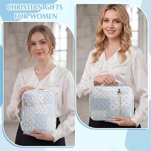 Capoda Bible Cover Case for Women, Bible Tote Bibles Study Supplies with Notebook Highlighters Ballpoint Pen Sticky Notes Scripture Card for Mother's Day Christian Gifts Women Mom Girls(Patch,Blue)