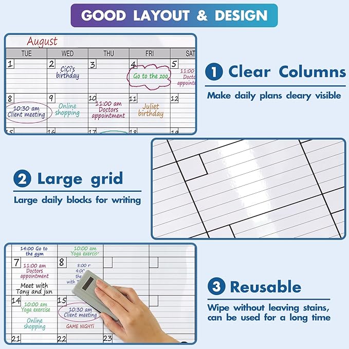 Dry Erase Monthly Extra Large White Board Calendar for Wall, 38" by 50", Jumbo Laminated Erasable One Month Whiteboard Calendar, Huge Oversized Blank 30-Day Poster with Lines and Squares