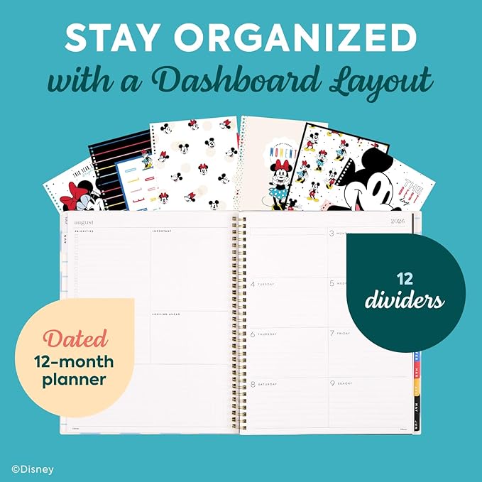 Organized by Happy Planner Disney Dated 12-Month Disc Bound Planner, Jul. 2026–Jun. 2027, Big Size, Dashboard Layout, Twin-Loop Binding, 3 Extra Months, 1 Sticker Sheet, 8.5" x 11", Bright Day Check Mickey