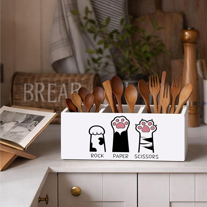 Cat Paw Desk Organizer, Wooden Pen Holder, Rock Paper Scissors Design, Cute Desk Storage for Pens, Markers, Scissors, Rulers – For Cat Lovers, Students, Teachers