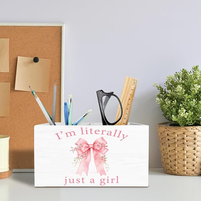 Pink Rose Coquette Bow Pen Holder for Desk, Preppy Girly Bow Pencil Organizer, I'm Literally Just a Girl Wooden Box Sign Desk Decor for Girls Bedroom Dorm Home Office Decoration