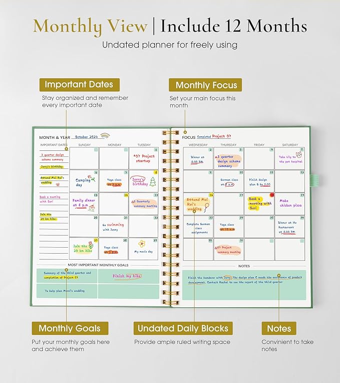 Undated Weekly and Monthly Planner, B5 Large Weekly To Do List Notebook with Goal & Habit Tracker Organizer, Hardcover Spiral Bound Blank Monthly Planner for Work School Home 7.4" x 9.64" Green