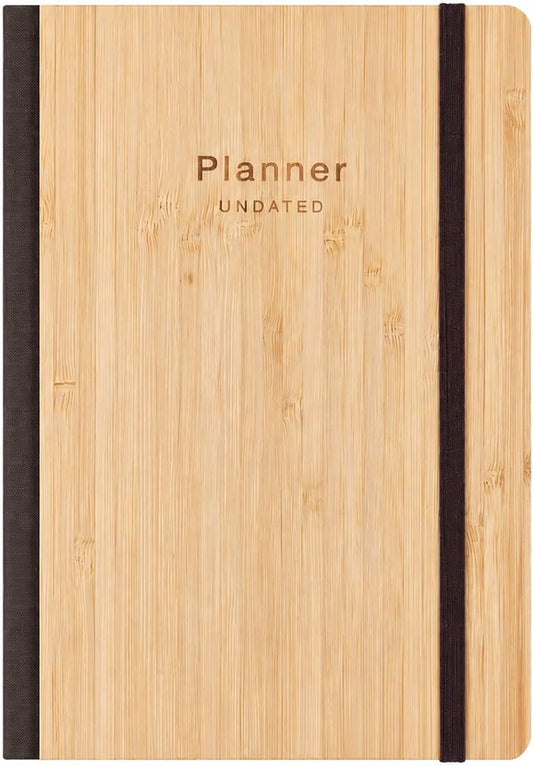 AUROPLANNER Bamboo Cover Undated Portable Planner Notebook – Daily, Weekly & Monthly Organizer, Lay-Flat A5 (5.7” × 8.3”), 100 GSM Paper, 160 Pages, 4-Month Layout (Brown)
