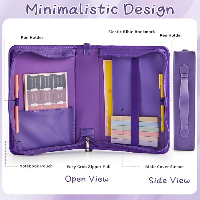 19PCS Floral Purple Leather Bible Cover for Women Bible Cover Cases for Teen Girls Christmas Gift Christian Church Carrying Bag Journaling Kit with Shoulder Strap Highlighter Pens & Book Marker