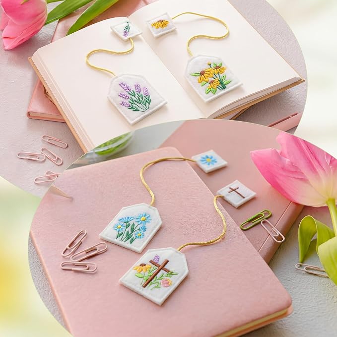 Honoson 6 Pcs Bookmarks Tea Party Favors Garden Coquette Design Bookmarks Cute Hand Embroidered Gift for Women Mom Mother's Day Book Reading Lovers Gift (Flower,Felt)