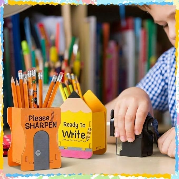 Sherr 2 Pcs Wood Pencil Holder Pencils and Sharpener Shaped Sharp and Dull Pen Holder Back to School Wooden Dispenser Storage Organizer for Classroom(Pencil and Sharpener,Yellow and Orange)
