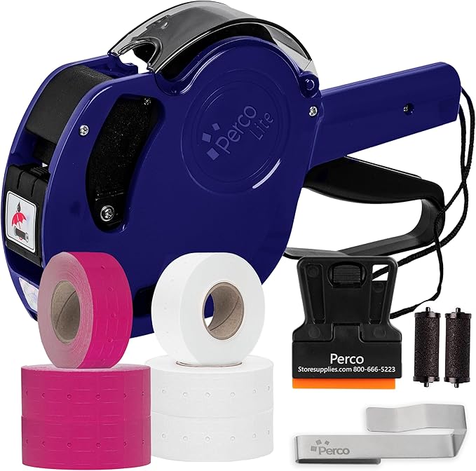 Perco Lite 1 Line Price Gun with Labels Kit - Includes 3 White Rolls, 1 Gun Clip, 3 Fluorescent Pink Rolls, 2 Ink Rollers, 1 Ink roll and Labels Pre-Loaded