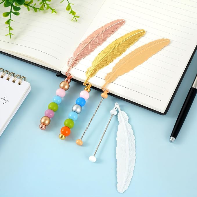 15 Pcs Beadable Bookmarks DIY Feather Metal Bookmark Bars for Beads and Charms, Blank Pendant Bookmarks for Teachers Students, Book Lovers Craft Supplies