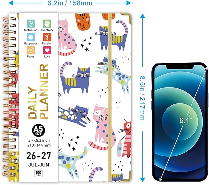 2026-2027Academic Planner, Weekly and Monthly Planning Book，Calendar Planner July 2026 - June 2027, Hardcover Teacher Student Planning Agenda book with Tabs, A5 (6.3" x 8.4"), School Organizer for Student Teacher(Cute kittens)