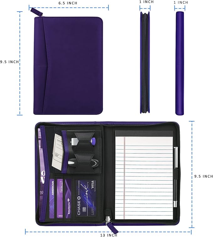 Small Portfolio Organizer, A5 Zippered Business Portfolio, Junior Padfolio Folder Binder for Women & Men, 5 x 8 Writing Pad Included, Dark Purple