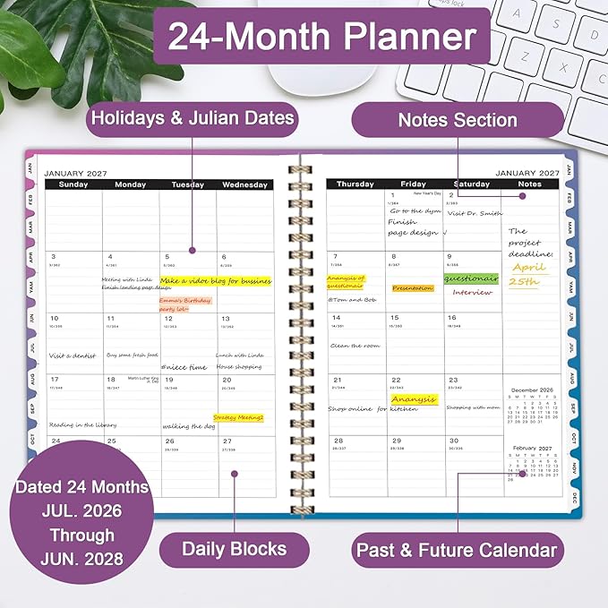 2026-2028 Monthly Planner - 2 Year Monthly Planner Calendar 2026-2028, Jul 2026 - Jun 2028, 8.5" x 11", 24 Months, Spiral-Bound, Tabs, Holidays, Notes, Ideal for School Office Home Planning