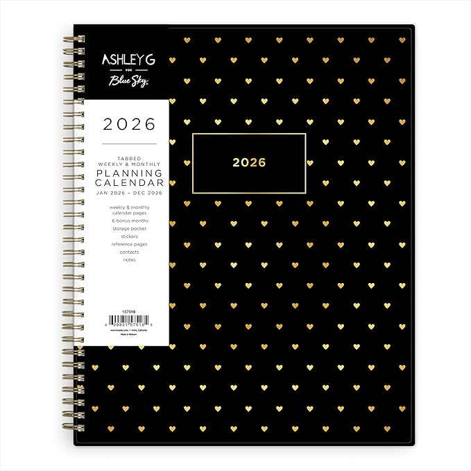 Blue Sky Ashley G 2026 Weekly and Monthly Planner Calendar, January 2026 - December 2026, 8.5" x 11", Flexible Cover, Durable Twin Wire Binding, Laminated Tabs, Pocket & Stickers, Sweetheart Black