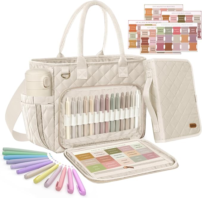 BellaHold Large Bible Bag with Bible Cover Case for Women, Church Bag with Bible Study Supplies & Shoulder Strap, Quilted Bible Tote Bag, Christian Gift for Women, Beige