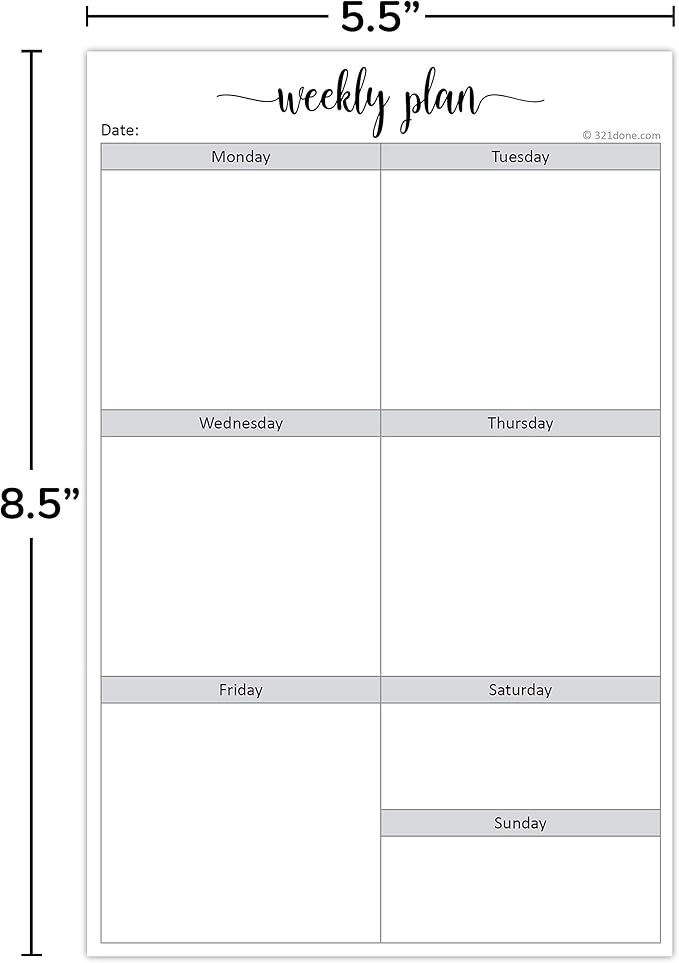 321Done Blank Week Planning Pad - 50 Sheets (5.5" x 8.5") - Weekly Days of Week Notepad, Planner Organizing - Made in USA - Simple Script