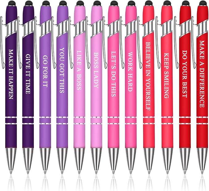 Zonon 12 Pcs Inspirational Pens Gift Set Funny Ballpoint Pen with Stylus Tip Motivational Graduation Gifts Bulk for Teacher Coworkers Nurse School Office Supplies(Pink Purple Colors,Boss Lady)