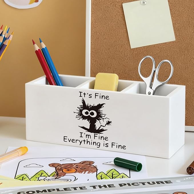 Funny Black Cat Pen Pencil Holder, Black Cat Mom Lovers Gifts for Women Wood Desk Organizer and Accessories, It's Fine Everything Is Fine Funny Makeup Brush Holder Organizer for Bathroom Vanity