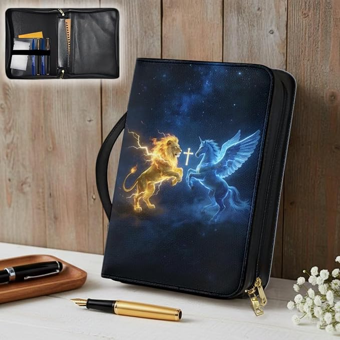Leather Bible Cover Case for Men PU Bible Case with Bookmark Church Bag Book Carrying Case Pegasus Lion Cross Print Bible Covers