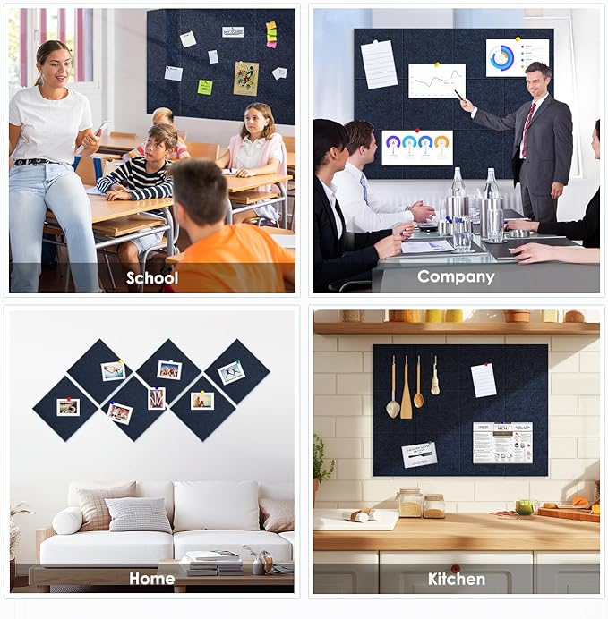 Large Cork Board for Walls 48"x36" |Cork Board Alternative| 12 Pack Felt Wall Tiles| Dark Blue Bulletin Board with Removable Adhesive | Cork Boards Pinboard for Office Home Classroom，Dark Blue