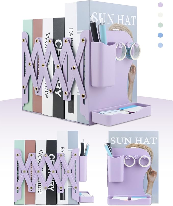 Heavy Duty Bookends Adjustable Book End, Desk Book Holder for Shelves, Book Organizer for Desk, Suitable for Office Home School (19.69 inches Max) (Purple)