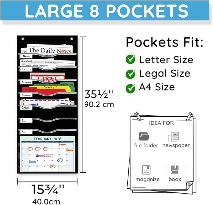 ALSLEA Hanging File Organizer 8 Pockets 15¾”W Legal/ Letter Size Paper Organizer, Pocket Chart for Classroom , Mail Organizer Wall Mounted, Over the Door Organizer with 12 Nameplate, 5 Hooks (Black)