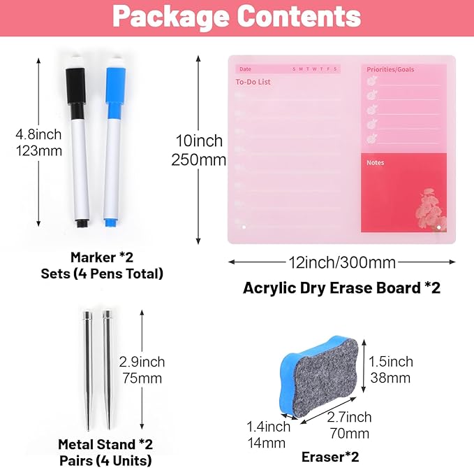 LeMotech Desktop Acrylic Dry Erase Board, 12x10 inches to-Do List Planner, Tabletop Whiteboard with Stand Office Supplies Includes 2 Markers & 1 Eraser,Pink Rose Pattern, 2 Pack
