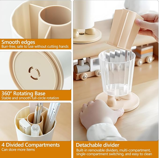 360°Rotating Pen Holder Desk Organizer - 4 Compartments Removable of Marker Holder Organizer Aesthetic Desk Decor,Suitable for Decorating And Organizing At Home, Office And School(Pink)