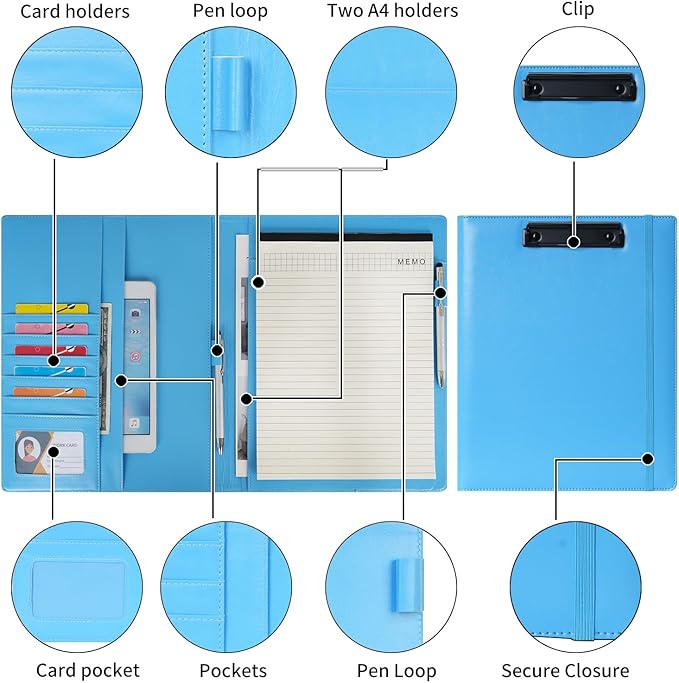 Wonderpool A4 PU Leather Clipboard Partfolio Notepad Forms Holders Document Case - Interview Planner Meeting Writing Padfolio File for Office Travel School Hotel (Sky Blue, A4)