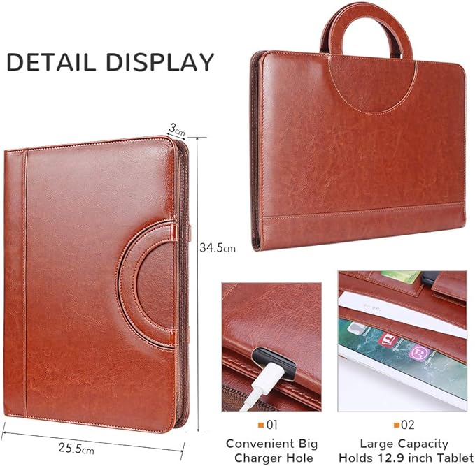 Darolin Zippered Leather Padfolio Portfolio with Hidden Handle and Clipboard, Business Conference Organizer Notepad Folder, Portfolio Bag, Padfolio for Women/Men (Brown)